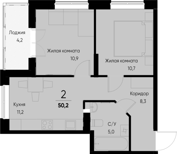 2-комнатная квартира №39 48,1 м2 от застройщика ГК ТОЧНО