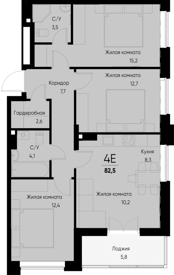 евро 4 к.кв. №12 79,6 м2 от застройщика ГК ТОЧНО