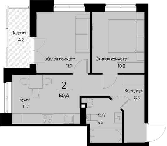 2-комнатная квартира №22 48,3 м2 от застройщика ГК ТОЧНО