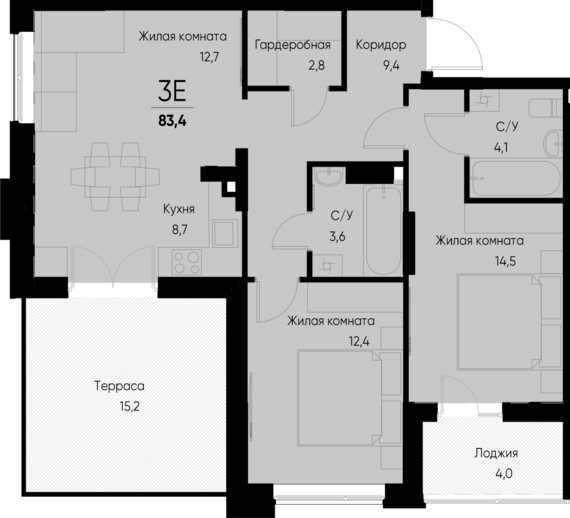 3-комнатная квартира №31 74,8 м2 от застройщика ГК ТОЧНО