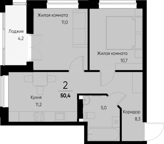 2-комнатная квартира №23 50,4 м2 от застройщика ГК ТОЧНО