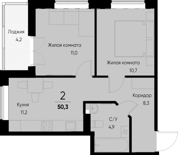2-комнатная квартира №33 48,2 м2 от застройщика ГК ТОЧНО